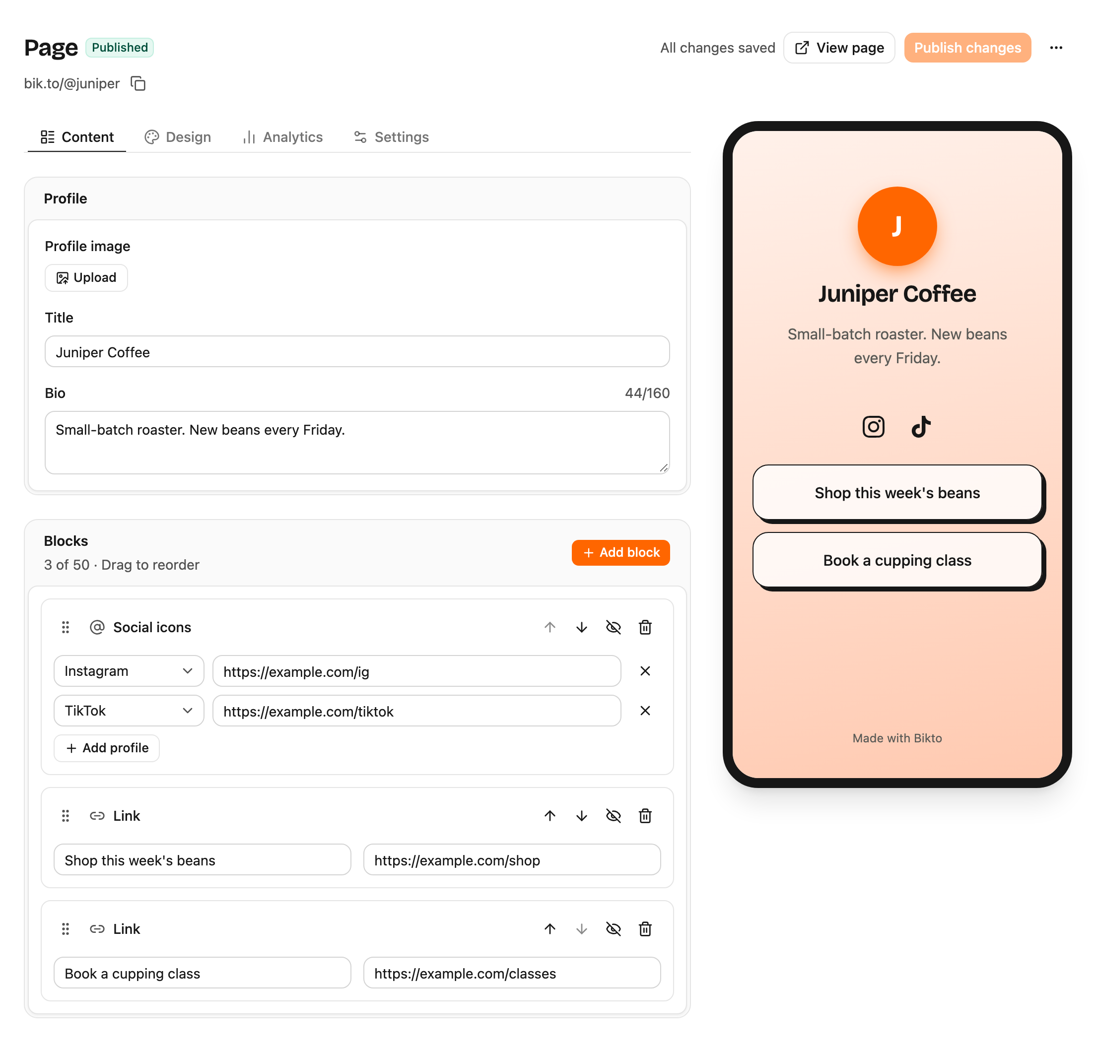 Bikto page editor with a sample page and its live preview