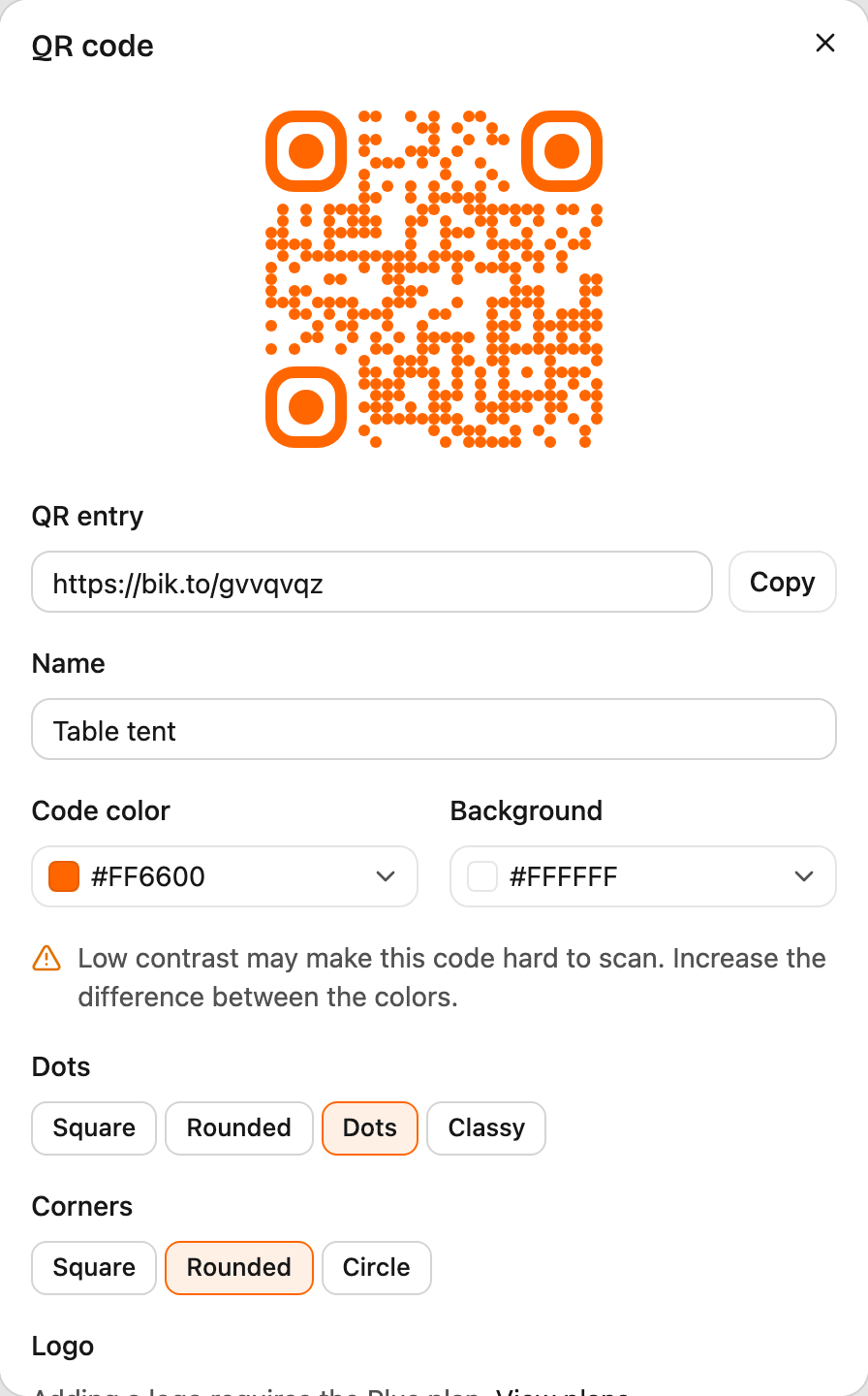 Bikto QR code editor with a sample trackable QR code